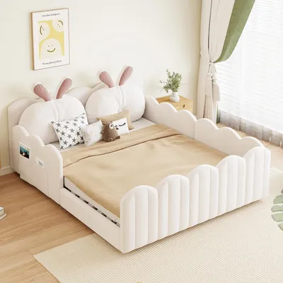 Produktbild von Flieks Kinderbett Polsterbett 140x200cm mit Kissen, Doppelbett Bodenbett mit Lattenrost und Rausfallschutz, Kinderbett mit Samtbezug, Beige