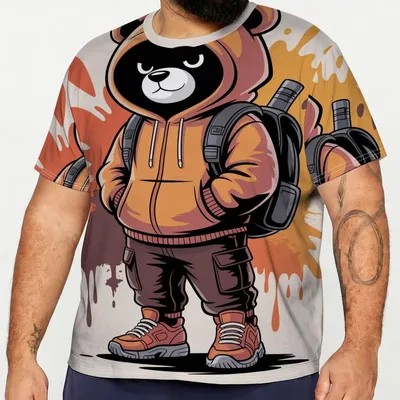 Produktbild von Herren T-Shirt Übergröße, Kurzarmshirt aus Polyester mit Cartoon Bär Print, lustiges Freizeit Shirt für Alltag 3XL