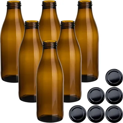 Produktbild von gouveo 6er Set Saftflasche 1000 ml Antik mit Schraub-Deckel schwarz - Braune Glasflasche 1 Liter mit TO48 Verschluss - Leere Flasche zum Befüllen