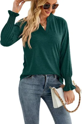 Produktbild von ASKSA Damen Blasen Langarm T-Shirt Elegant V-Ausschnitt Rüschenärmel Lässiges Lose Einfarbig Oberteil, Grün, M