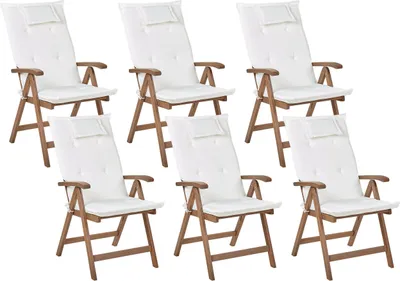 Produktbild von BELIANI Gartenstuhl 6er Set Dunkelbraun und Cremeweiß Akazienholz Vertsellbar Klappbar mit Auflagen Armlehnen Lamellen-Optik Rustikal Außenbereich