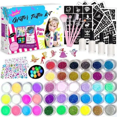 Produktbild von Famanu Temporäre Glitzer Tattoo Set für Kinder - 42 Farben & 219 Schablonen