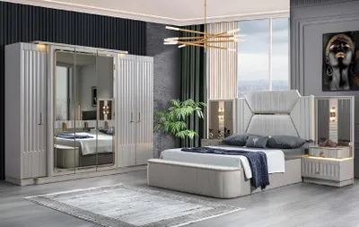 Produktbild von Designer Möbel 4tlg. Schlafzimmer Set Bett 2x Nachttisch Kleiderschrank Neu