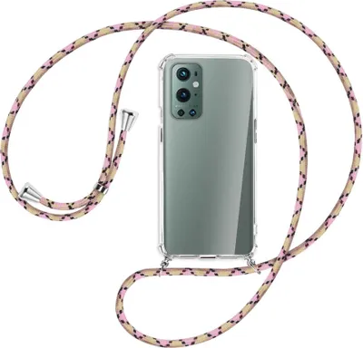 Produktbild von Handykette Backcover-Schutzhülle mit Band (Metall silberfarben) für OnePlus 9 Pro - rosa Karo