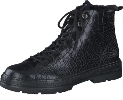 A single black boot with laces and a textured pattern, presented on a white background.