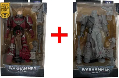 Two Warhammer 40,000 action figures in their packaging, separated by a red plus sign.