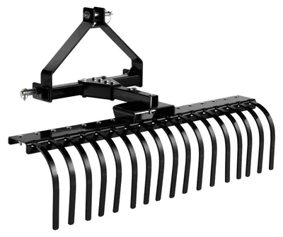 Zdjęcie produktu dla Grabie ogrodowe o długości 127 cm, 3-punktowe grabie ogrodowe z 17 stalowymi zębami, pasujące do ciągników kategorii 1, regulowany kąt, wytrzymałe grabie do usuwania ściółki z trawnika i gałęzi