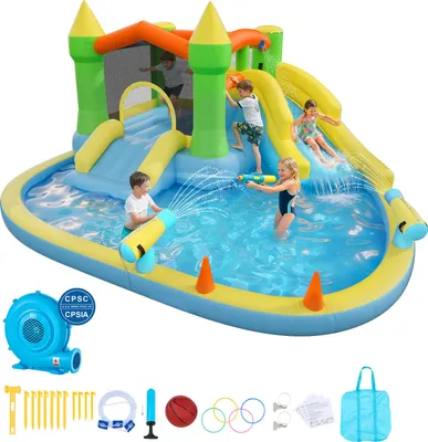 Immagine prodotto di VEVOR Castello gonfiabile acquatico (382 x 398 x 197 cm), con scivolo d'acqua, elementi gonfiabili, canestro da basket, piscina per bambini e gioco di lancio degli anelli, per 3-4 bambini (da 3 a 8 anni)