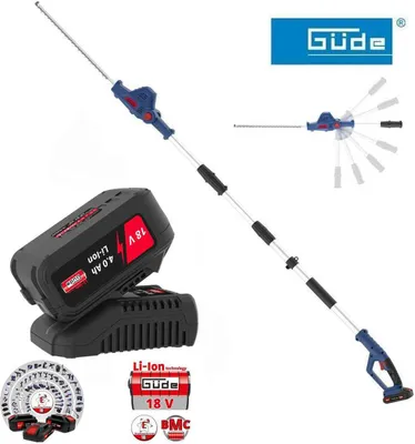 A collage of images showing a battery-powered pole hedge trimmer and its accessories.