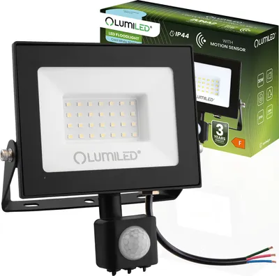 A black LED floodlight with a motion sensor is shown in front of a product box.