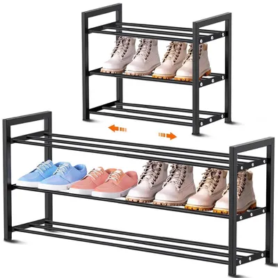 Productafbeelding van Uitbreidbaar schoenenrek, metaal, zwart, 3 planken, 45-80 cm