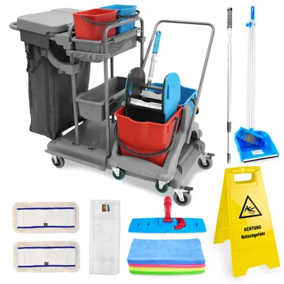 Produktbild von Hypafol Putzwagen Reinigungswagen Set | 2 x 25 l Eimer mit Wischmopp-Presse | Kehrgarnitur mit langem Stiel | 2x 40cm Baumwoll Wischmopp, 1x Mikrofaser-Mopp, 12 Mikrofasertücher | Warnschild