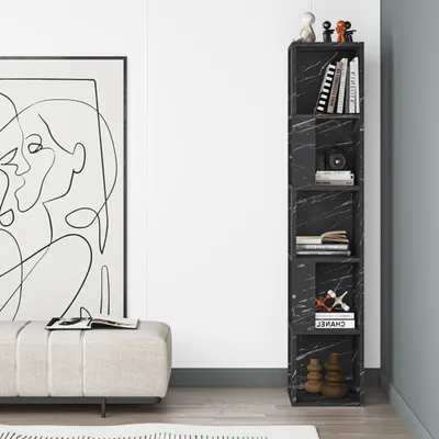 Produktbild von DECORTIE Piano Modernes Eck-Bücherregal Display Unit, Schwarzer Marmor Effekt, 31 x 31 x 159 cm