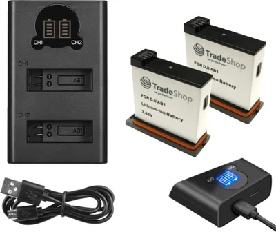 Produktbild von 3in1 Set: 2x Akku 1350mAh + USB Doppel-LCD Ladegerät Schnell-Ladestation für DJI Osmo CP.OS.00000020.01 Action Kamera ersetzt DJI 188480, AB1, P01, PT1