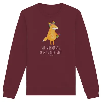 Produktbild von Mr. & Mrs. Panda Baumwoll Pullover Fuchs Blumen Größe L - Burgundy - Geschenk, Selbstbewusst, Bio, Sweater, Sweatshirt, Boho, Mich, Liebe, Ich, Bio-Pullover, Pulli