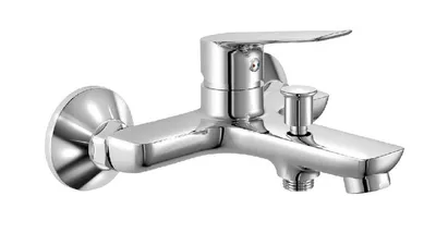 A chrome-finished bathtub faucet is shown against a white background.