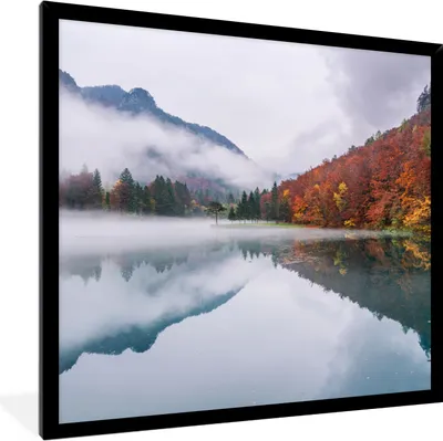 Produktbild von MuchoWow® Gerahmtes Poster Herbst - Nebel - Wasser - Landschaft 40x40 cm - Poster mit Schwarzem Bilderrahmen Wandposter Rahmen Foto Bilder - Mit Rahmen - Wanddekoration Schlafzimmer