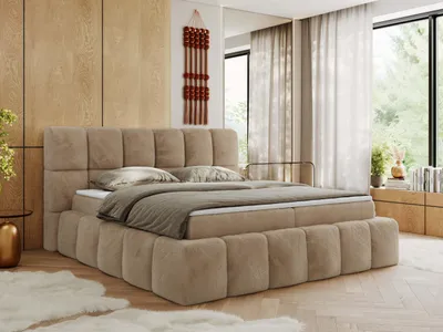 Produktbild von MKS MEBLE Boxspringbett, Doppelbett NIRA mit dekorativem Kopfteil, Multipocket-Matratze und Topper, Polsterbett mit Bettkästen - 140 x 200 cm - H4 - Beige Plüsch