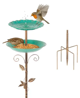 Vogelbad mit doppelter Schale, 2-in-1, Metall, 5-Punkt-Standfuß, grün