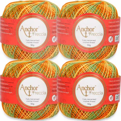 Immagine prodotto di 4 gomitoli di filato "Anchor Freccia" multicolore, taglia 6, composto al 100% da cotone a fibra lunga (colore 09453)