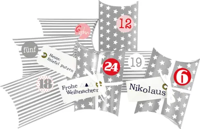 Produktbild von DIY Adventskalender Christkind zum Befüllen, grau Sterne und Streifen, Ziffern rosa-rot