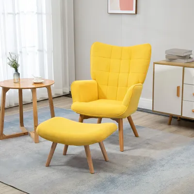 Produktbild von Akzentsessel mit Hocker Cord-Optik, Ohrensessel Relaxsessel getuftet, Buchenholzbeine Wohnzimmer, Gelb | 72 x 80 x 101 cm | 16 kg | Stahlrahmen