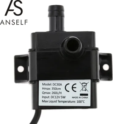 A black mini water pump with a label showing its specifications.