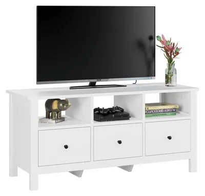 Zdjęcie produktu dla Komoda pod telewizor - szafka RTV do salonu - nowoczesny design - drewno - 3 szuflady i 3 otwarte półki - 108x40x50 cm - biały