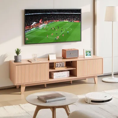 Immagine prodotto di VEVOR mobile TV mobile TV in stile boho (150 x 39 x 45 cm), 158,76 kg tavolo TV caricabile con ripiani aperti regolabili e porta scorrevole, scaffale TV per soggiorno camera da letto