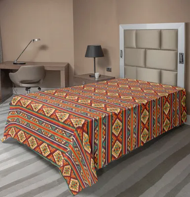 Produktbild von ABAKUHAUS Bunt Bettlaken, Mosaik inspiriert horizontale Linien mit ethnischen Grafikfiguren Aztec Design, weiches bequemes oberes Bettlaken für ein dekoratives Bett 1 Stück 260 cm x 168 cm, Mehrfarbig