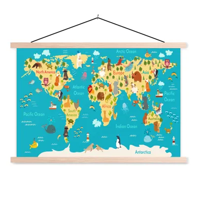 Obrázek produktu pro MuchoWow® Textilní plakát - Mapa světa - Děti - Zvířata - Žlutá - Modrá - Chlapci - Dívky - 60x40cm - S hnědými lamelami
