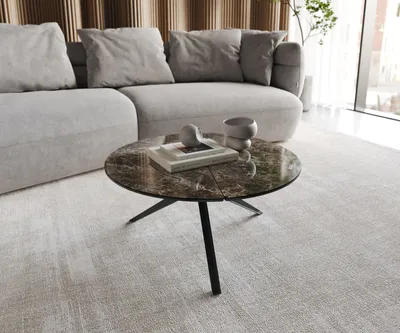 Produktbild von DELIFE Couchtisch Delron 70x70 cm Keramik Emperador Extra Lucidato Dunkelbraun Kreuzfuß Flach Metall Schwarz
