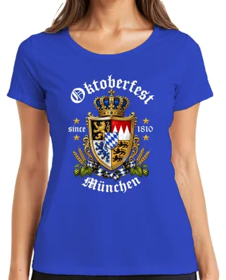 Productafbeelding van Bayern-wapen, leeuw, kroon, bier, hop, mout, traditioneel shirt, lederen broek, dames T-shirt, blauw, maat L