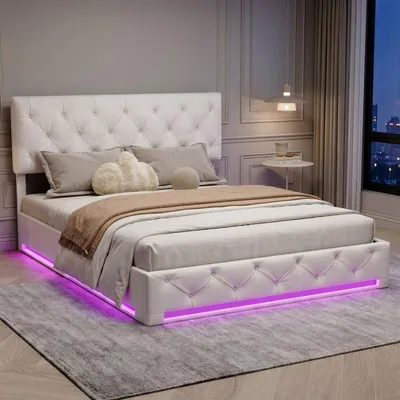 Obrázek produktu pro ProximaX – béžový lněný rám postele 160 × 200 cm s hydraulickým úložným prostorem a LED osvětlením, čalouněná postel s nastavitelným čelem