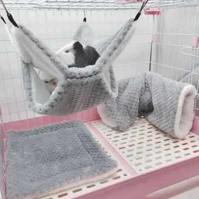 Produktbild von Set mit 3 Kleintier-Hängematten für Frettchen, Betten für Frettchen, Hamster, Hängematten und Tunnel für Ratten, Hamster, Eichhörnchen, Kleintierkissen, Hängetunnel für Meerschweinchenkäfige (Grau)