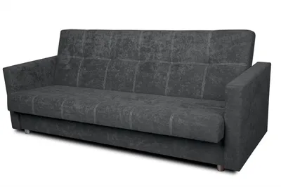 A dark gray sofa is shown against a white background.