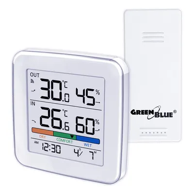 Obrázok produktu pre Bezdrôtová meteorologická stanica GreenBlue Teplota + vlhkosť vzduchu IN/OUT Hodiny + budík + dátum voliteľne °C / °F Dosah až 60 m GB169