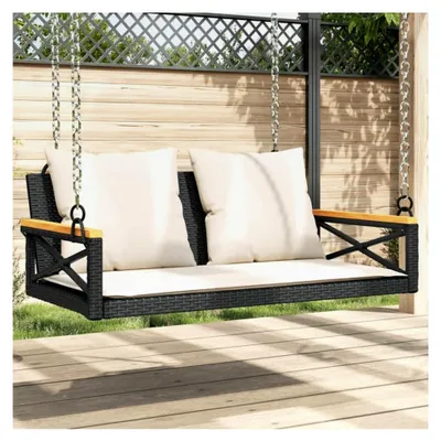 Produktbild von Hängebank mit Kissen Schwarz 109x62x40 cm, Poly Rattan Hollywoodschaukel mit Stahlrahmen, UV-beständig, wetterfeste Gartenbank für den Außenbereich