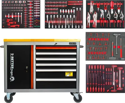 Obrázok produktu pre RETTER RS5 dielenský vozík Workstation Kompakt – akčná sada s masívnou drevenou doskou, 6 zásuvkami a náradím