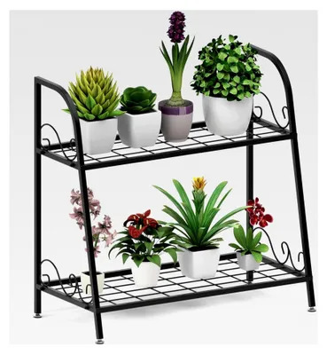 Produktbild von 2-stöckiger Pflanzenständer aus Metall, Blumenständer mit 2 Etagen, Pflanzregal für Wohnzimmer, Garten, Balkon und Terrasse, Schwarz