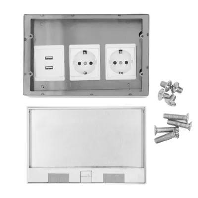A disassembled floor socket with electrical outlets and USB ports, along with screws, laid out on a white background.
