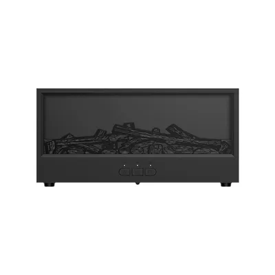 A black electric fireplace with a simulated flame effect and three control buttons on the front.