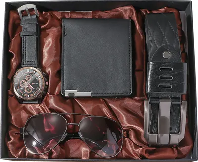 Produktbild von MODFU Herren-Armbanduhr, Kunstleder, Quarz, analog, Gürtel, Sonnenbrille, Geschenkset, Geldbörse, Dunkelblau zum Valentinstag