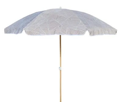 A beach umbrella with a leaf pattern on a white background.