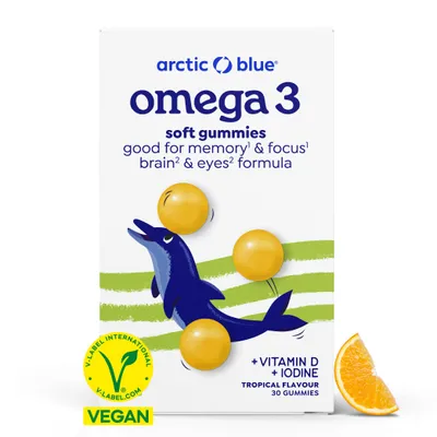 The image shows the front of a product box for Arctic Blue Omega-3 soft gummies.