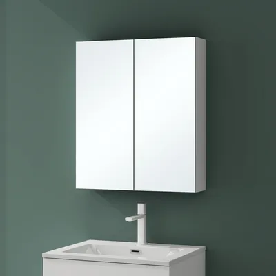 A white mirrored cabinet with two doors is mounted on a dark green wall above a white sink and faucet.