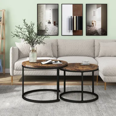 Immagine prodotto di Abrihome set di 2 tavolini con struttura in metallo, tavolino rotondo, marrone 71 x 50 cm (Ø x H)