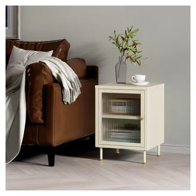 Produktbild von Kommode Lindau Sideboard mit 1 Tür und geriffeltem Glas, Mehrzweckschrank 56 x 40 x 40 cm, Wohnzimmerschrank, Buffetschrank, Metallschrank in Cremeweiß