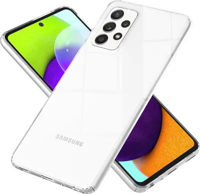 A clear, studio shot of a transparent phone case with a Samsung phone inside, presented on a white background.