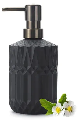 Obrázok produktu pre Dávkovač mydla zo skla, objem 390 ml, čierna farba, vhodný do kúpeľne a kuchyne